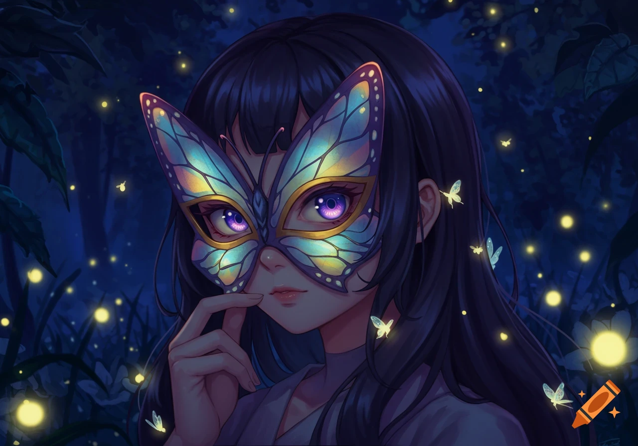 Anime-style portrait of a girl with long dark hair, wearing a shimmering iridescent butterfly mask, surrounded by glowing fireflies in a dark forest.
