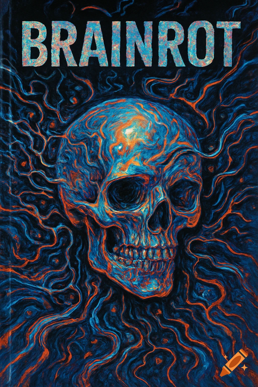 Stylized blue and orange skull with swirling energy on a dark background, 'BRAINROT' text above.