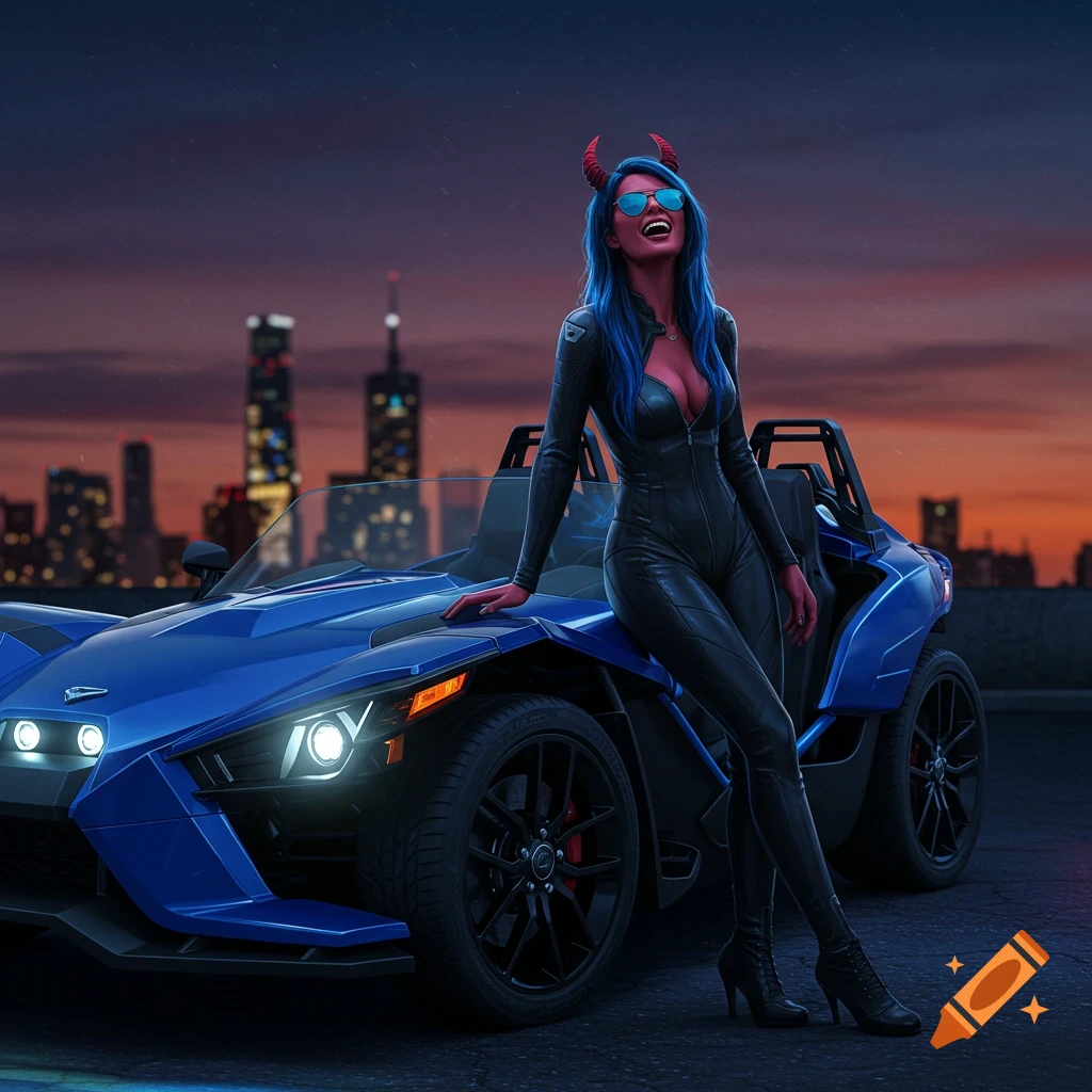 A laughing demon girl with blue hair and red skin leans on a blue Polaris Slingshot at dusk in an urban setting.