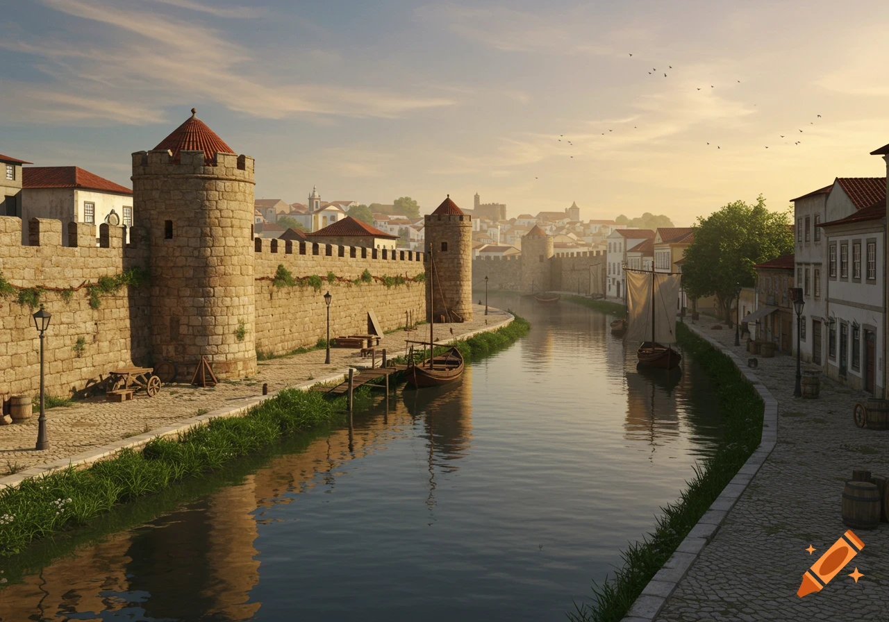 Photorealistic scene of an ancient walled city with a tranquil canal, boats, and historic buildings under a soft, hazy sky.