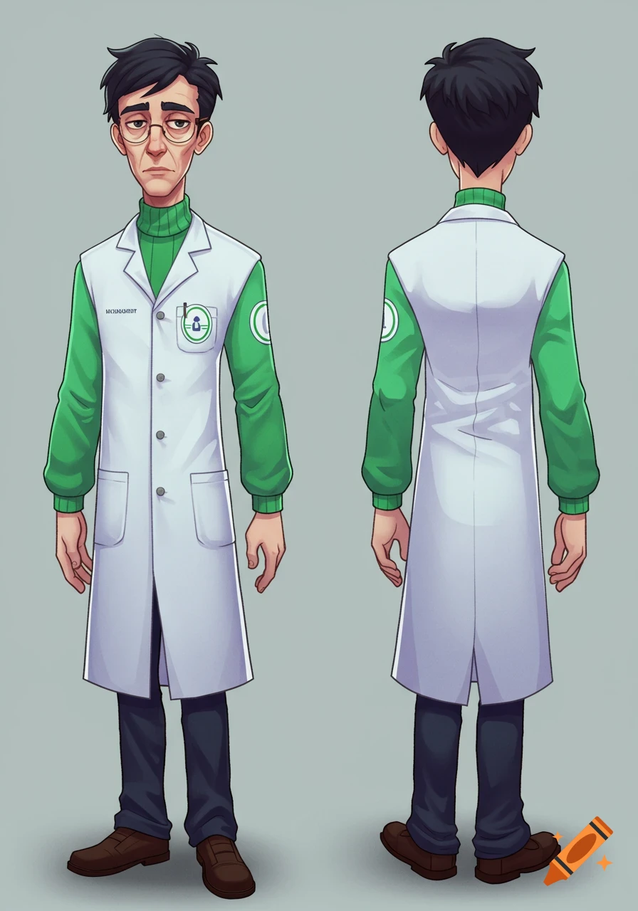 Front and back cartoon views of a pale-skinned male scientist with black hair, glasses, a green turtleneck, and a white lab coat.