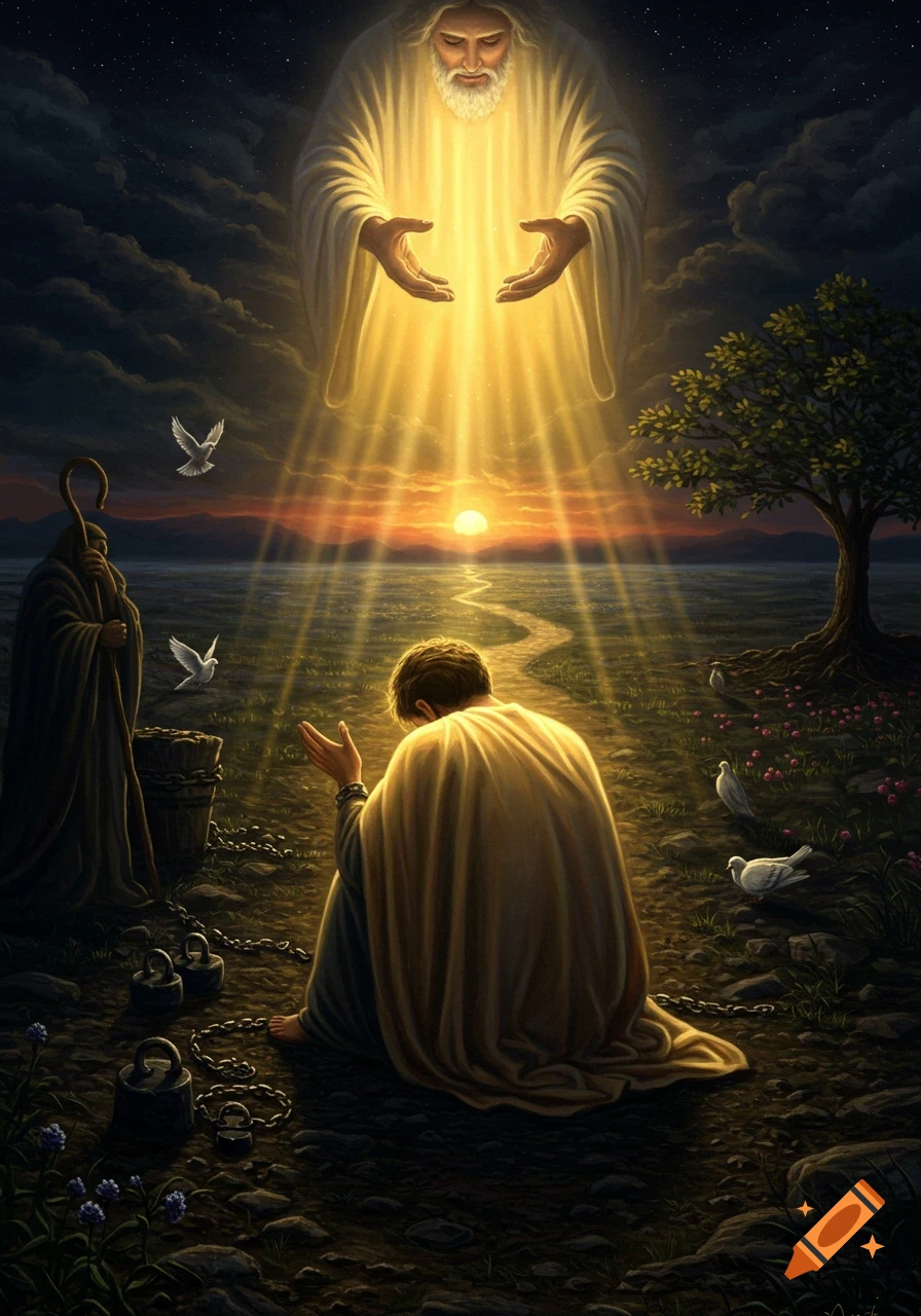 A kneeling man receives golden light from a divine figure in a symbolic Christian painting with a sunrise, doves, and a shepherd's staff.