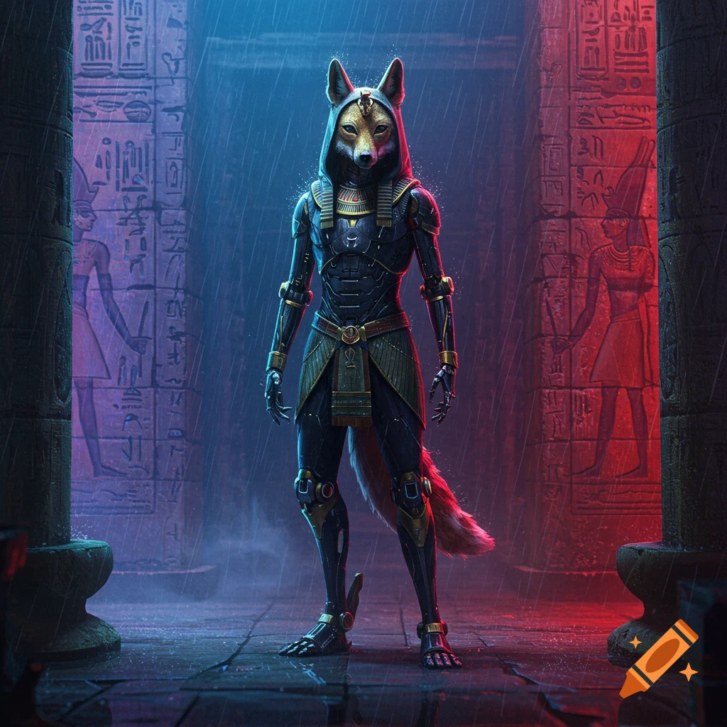 A fox warrior in a sleek black robotic suit with gold accents stands guard in a neon-lit ancient Egyptian temple in the rain.