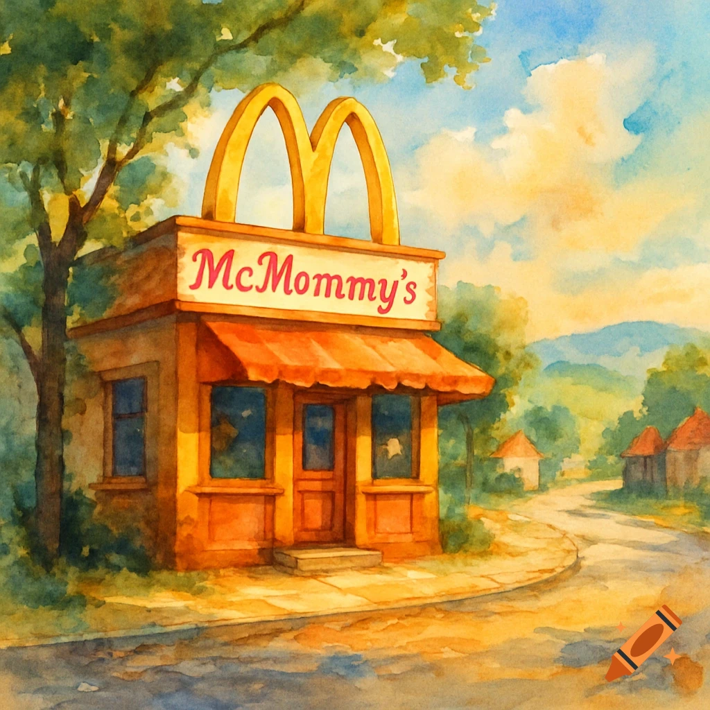 A watercolor painting of a small "McMommy's" restaurant with golden arches on a corner in a sleepy, country town.