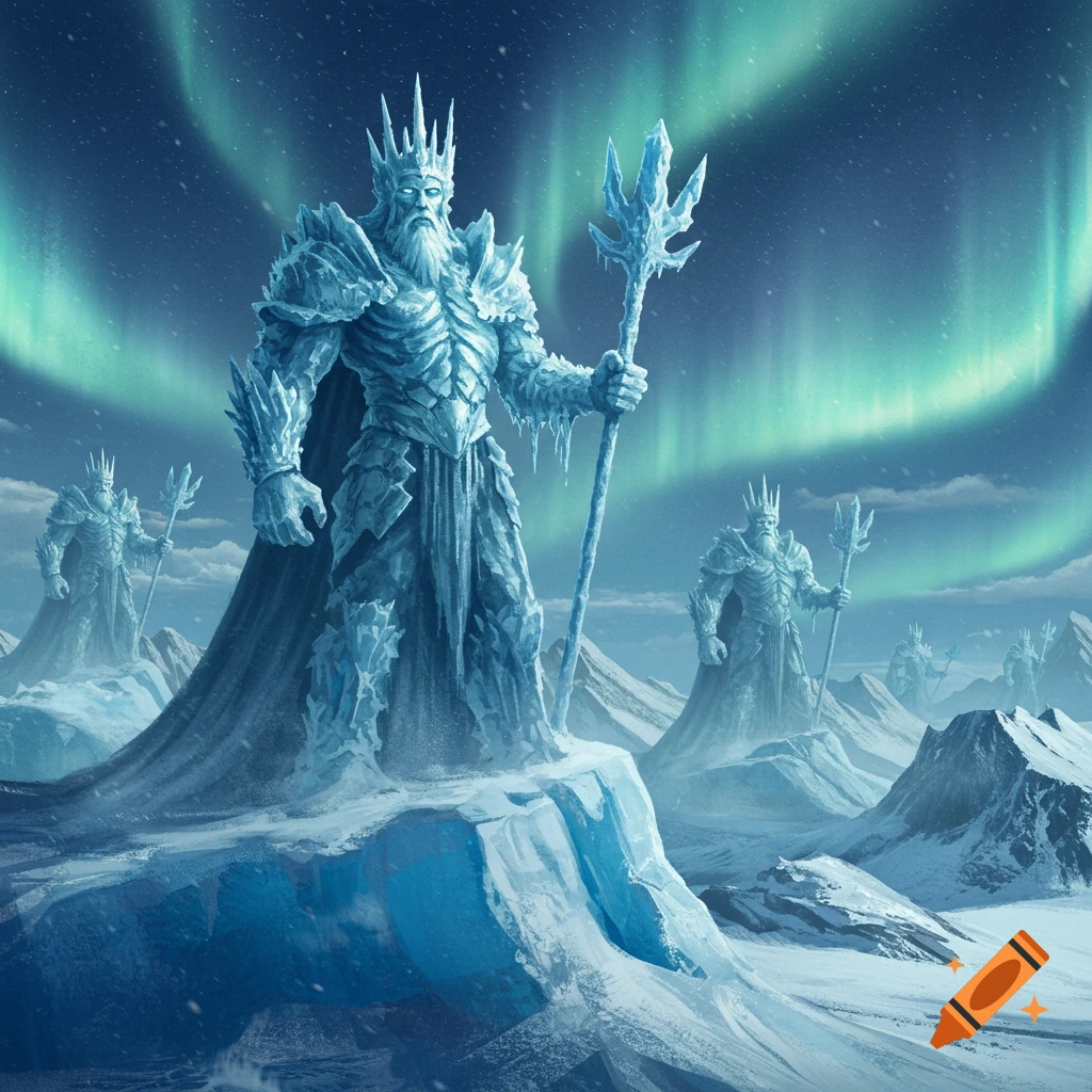 Giant ice king statues with tridents in a snowy mountain landscape under a green aurora borealis sky, fantasy art.