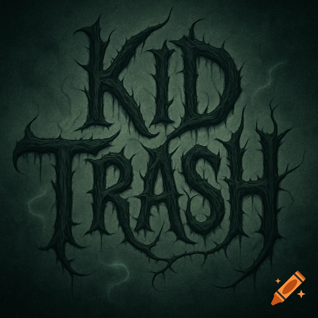 Dark, creepy, thorny stylized lettering spells 'KID TRASH' on a textured green-grey background.