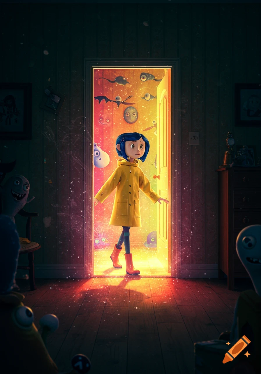Coraline in a yellow raincoat stands in a dark room, looking into a bright doorway filled with surreal creatures. Stop-motion animation.