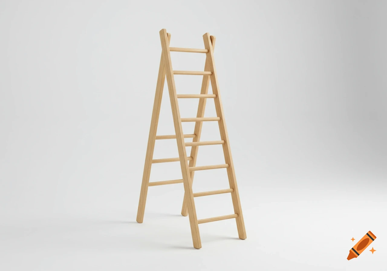 A simple wooden A-frame ladder stands upright against a plain white background.