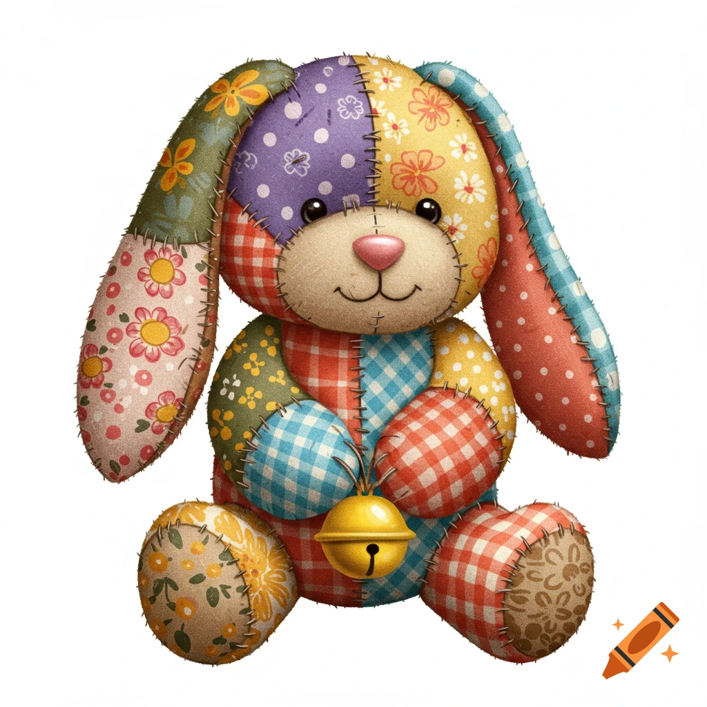 A colorful patchwork stuffed bunny with a pink nose and a yellow bell hanging from its neck, on a white background.