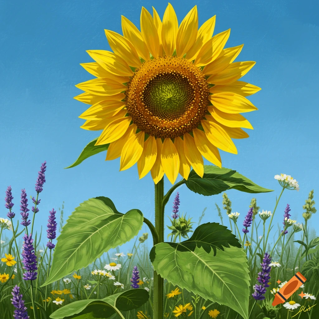 A vibrant yellow sunflower with green leaves stands tall in a field of purple and white wildflowers under a clear blue sky, painted.