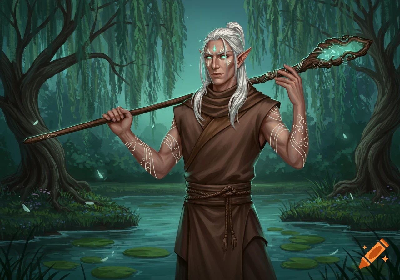 A white-haired male elf with glowing eyes and tattoos holds a staff over his shoulders in a mystical swamp with willow trees.