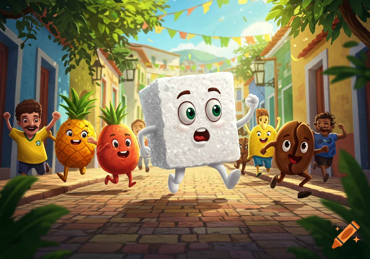 A scared cartoon sugar cube runs down a vibrant, colorful Brazilian street, chased by cheerful anthropomorphic pineapples, a coffee bean, and human fans.