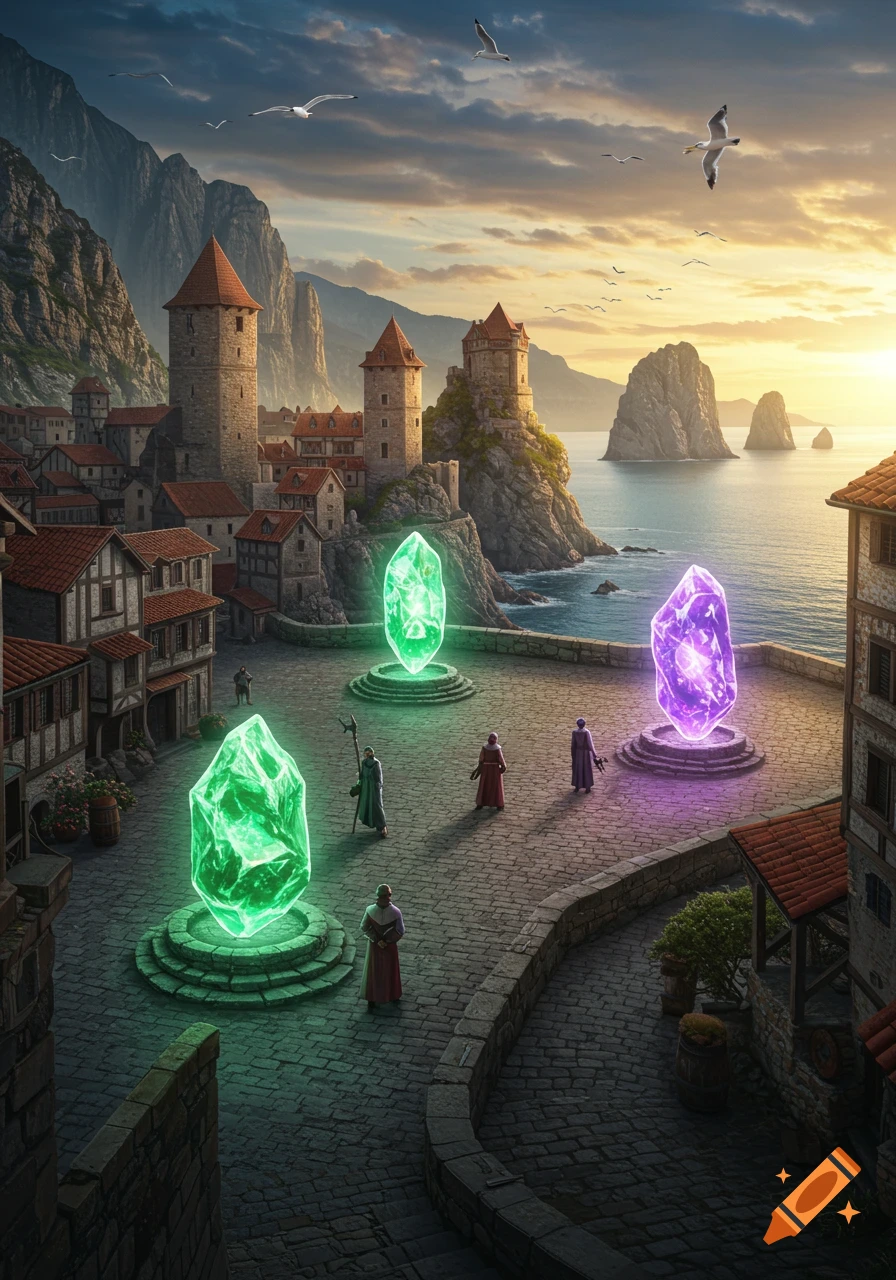 Fantasy art of a medieval coastal city with glowing green and purple crystals, robed figures, cliffs, ocean, and a sunset sky.