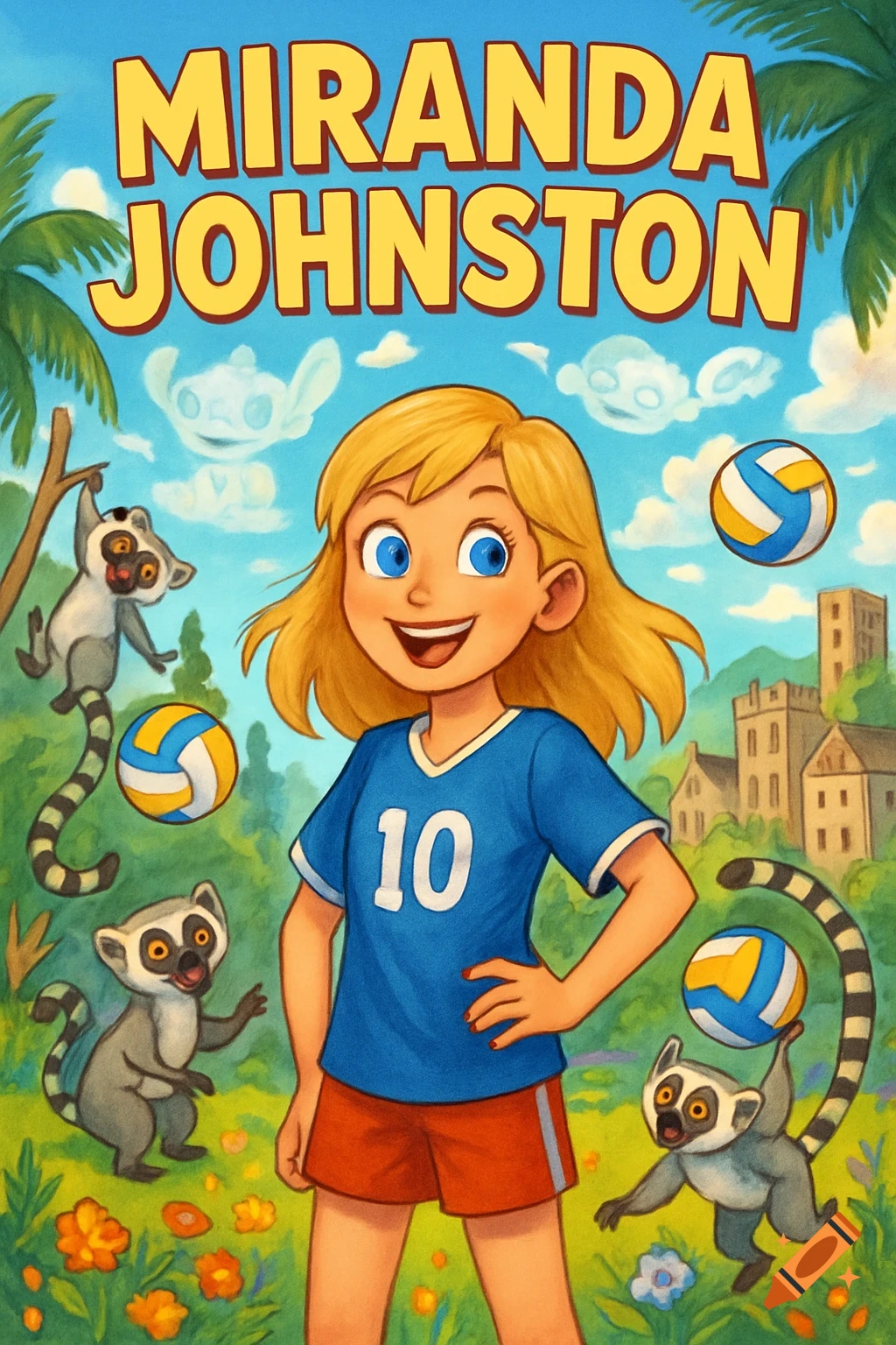Cartoon book cover for 'MIRANDA JOHNSTON' featuring a blonde girl in a blue volleyball shirt with lemurs and volleyballs in a tropical setting.