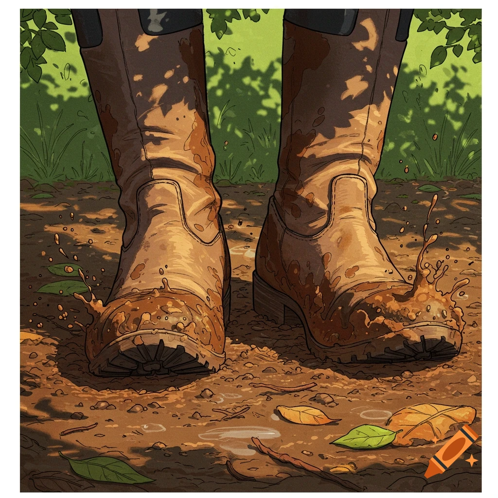 Close-up, stylized illustration of two tan riding boots covered in mud, standing on a muddy forest floor with fallen leaves.