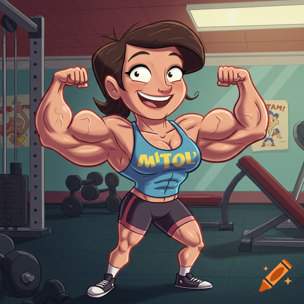 A muscular cartoon woman with brown hair flexing her biceps in a gym.