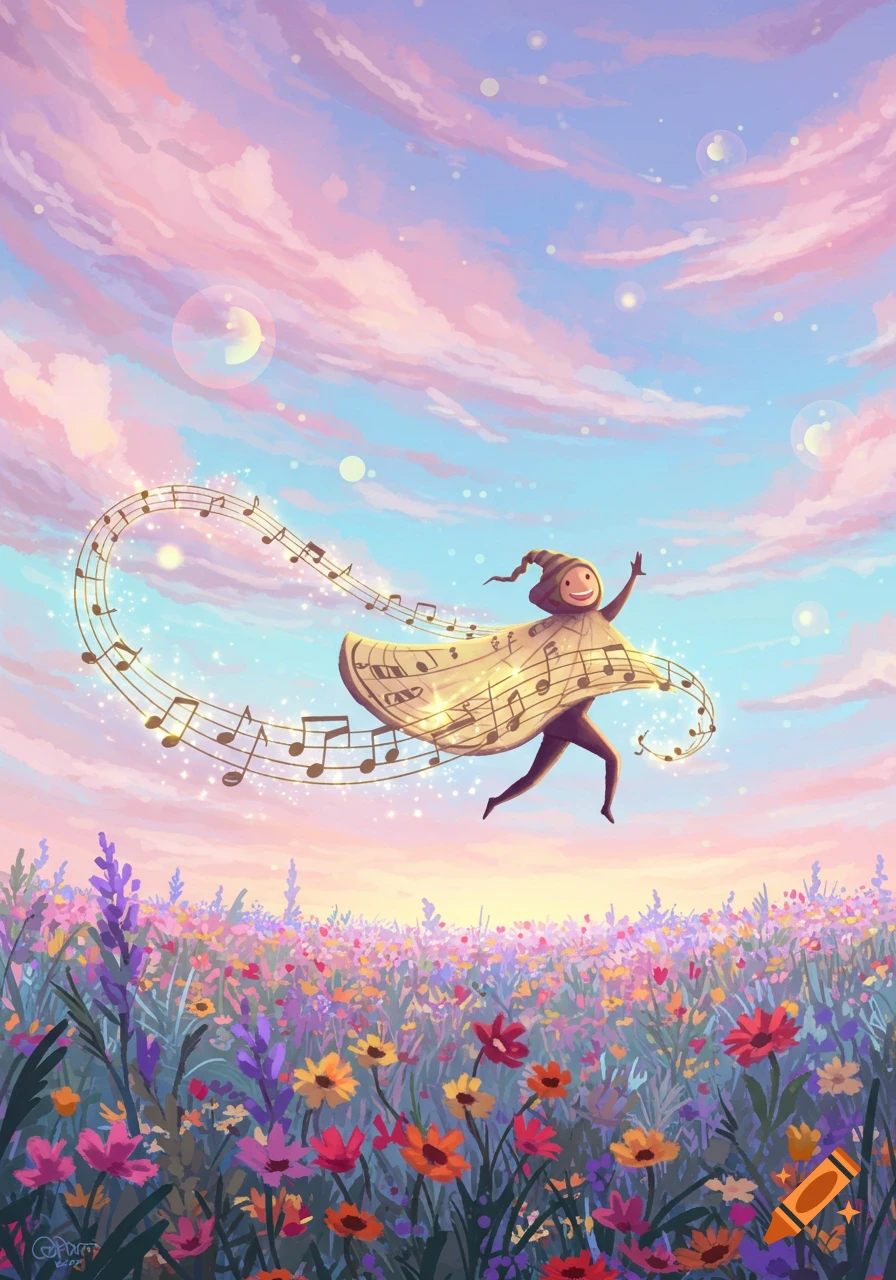 A whimsical character with a smiling face and a cloak covered in musical notes leaps over a field of colorful flowers under a pastel sky.