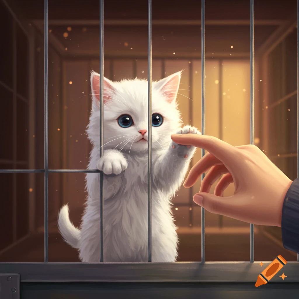 A fluffy white kitten with blue eyes reaches its paw through cage bars to touch a human finger, rendered in an illustrative style.