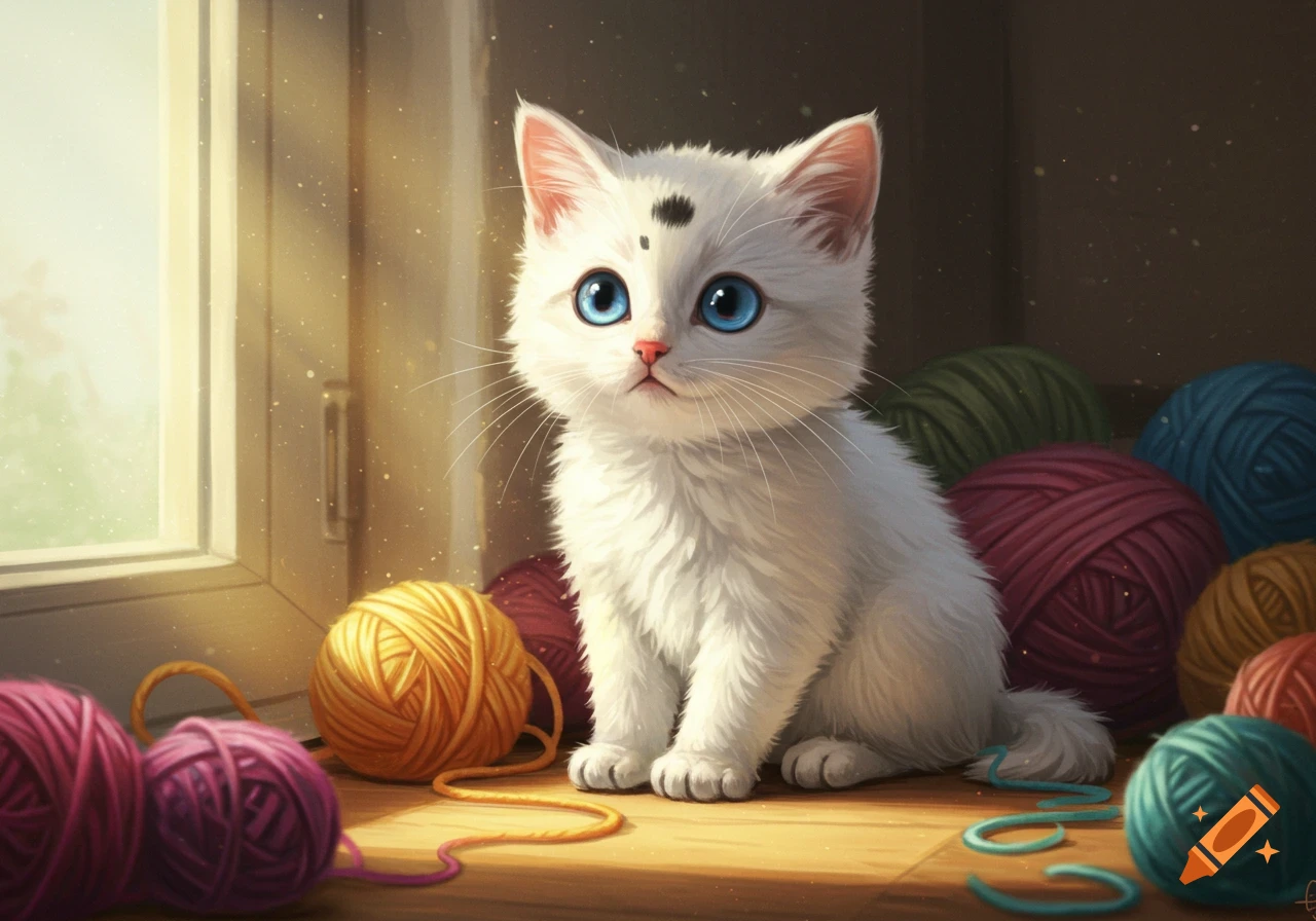 A cute white kitten with bright blue eyes and a small black dot above its pink nose sits among colorful balls of yarn by a sunny window.