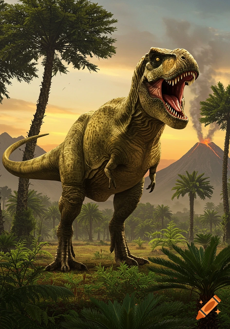 A large Tyrannosaurus Rex roars in a lush prehistoric jungle with palm trees and an erupting volcano under an orange sky.
