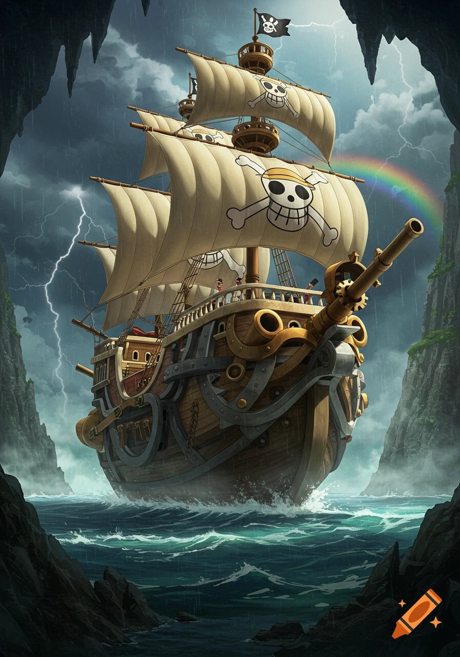A stylized pirate ship, resembling the Thousand Sunny from One Piece, sails through stormy seas with lightning, a rainbow, and a cave entrance.