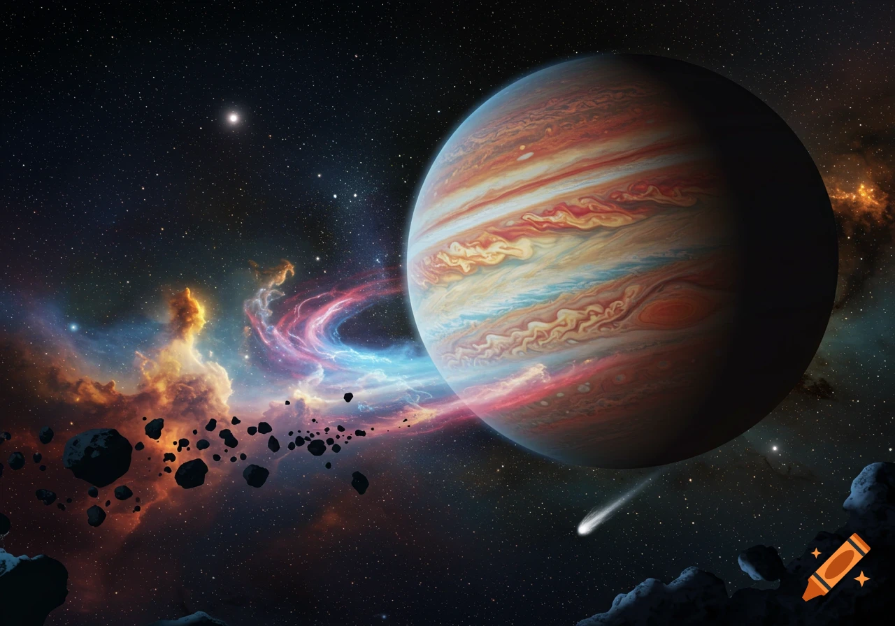 A vibrant gas giant planet in space, surrounded by colorful nebulae, asteroids, and a comet with many stars in the background.