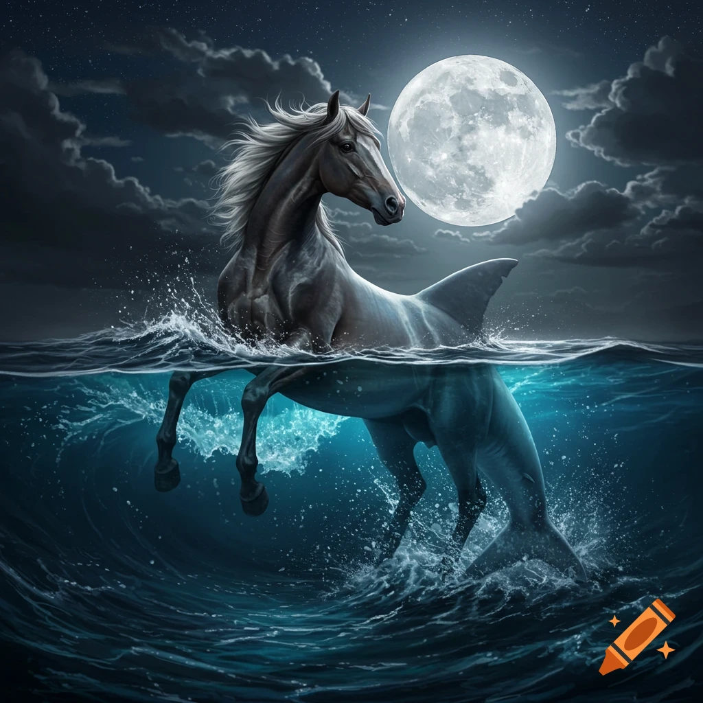 A majestic horse-shark hybrid emerges from dark blue ocean water under a large full moon and cloudy night sky.