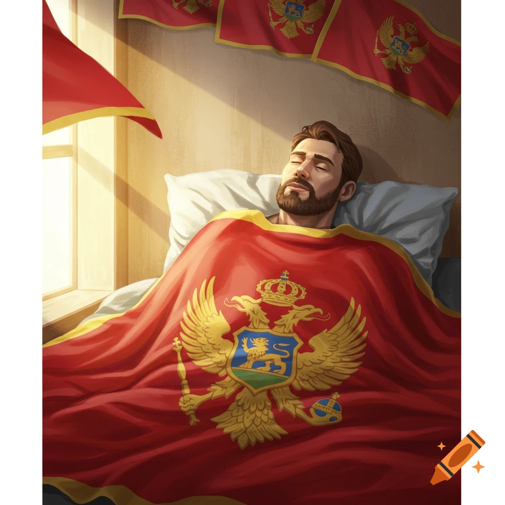 A man with a beard sleeps peacefully under a Montenegro flag blanket, with flags on the wall, bathed in sunlight.
