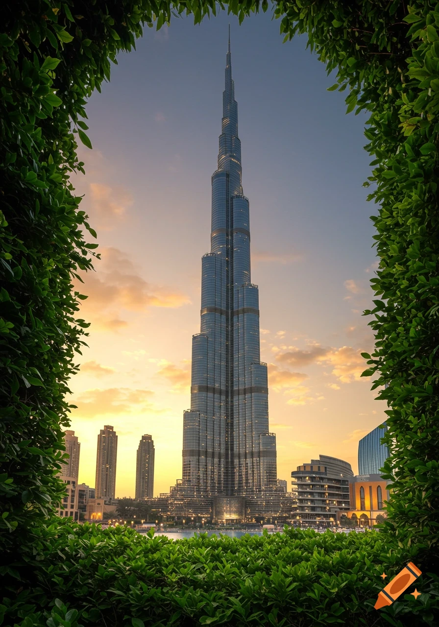 Burj Khalifa skyscraper at sunset, framed by green foliage, in a photorealistic style.