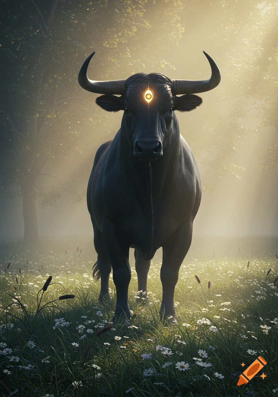 A large, black bull with a glowing third eye stands majestically in a misty, sunlit meadow filled with white flowers, in a realistic style.