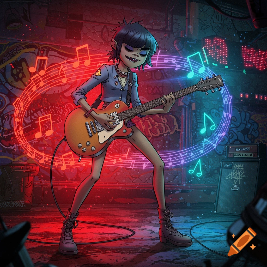 Noodle from Gorillaz plays electric guitar on a neon-lit stage surrounded by glowing musical notes in a cartoon style.
