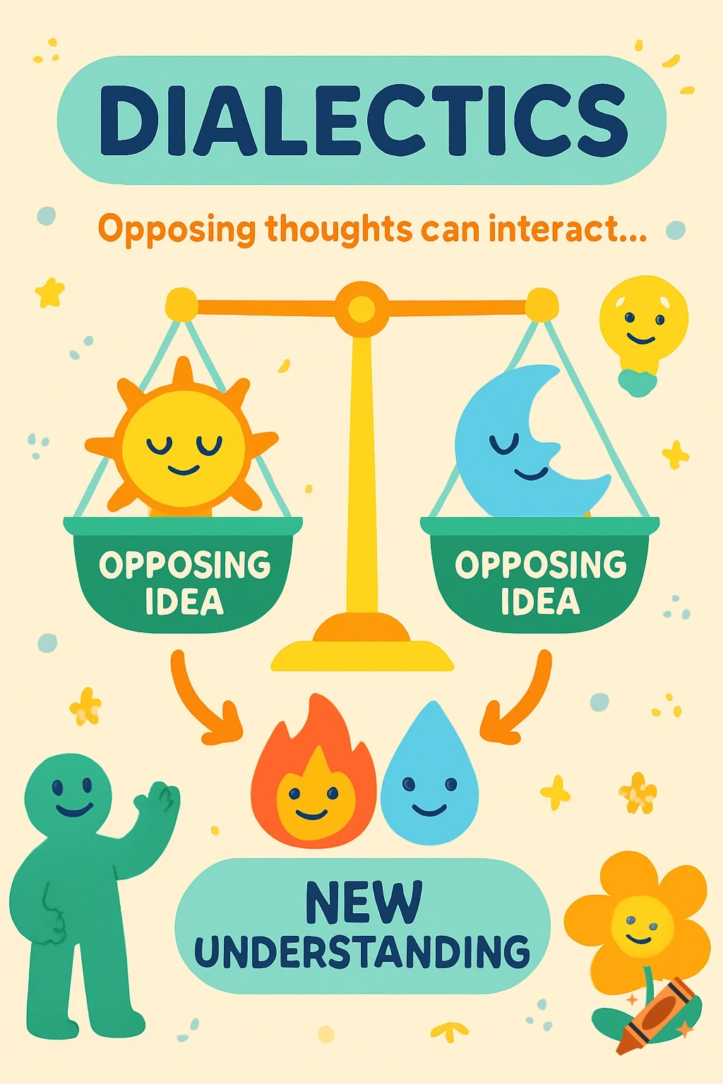 Colorful infographic explaining dialectics with a scale balancing sun and moon, fire and water, and text 'Opposing Idea', 'New Understanding'.