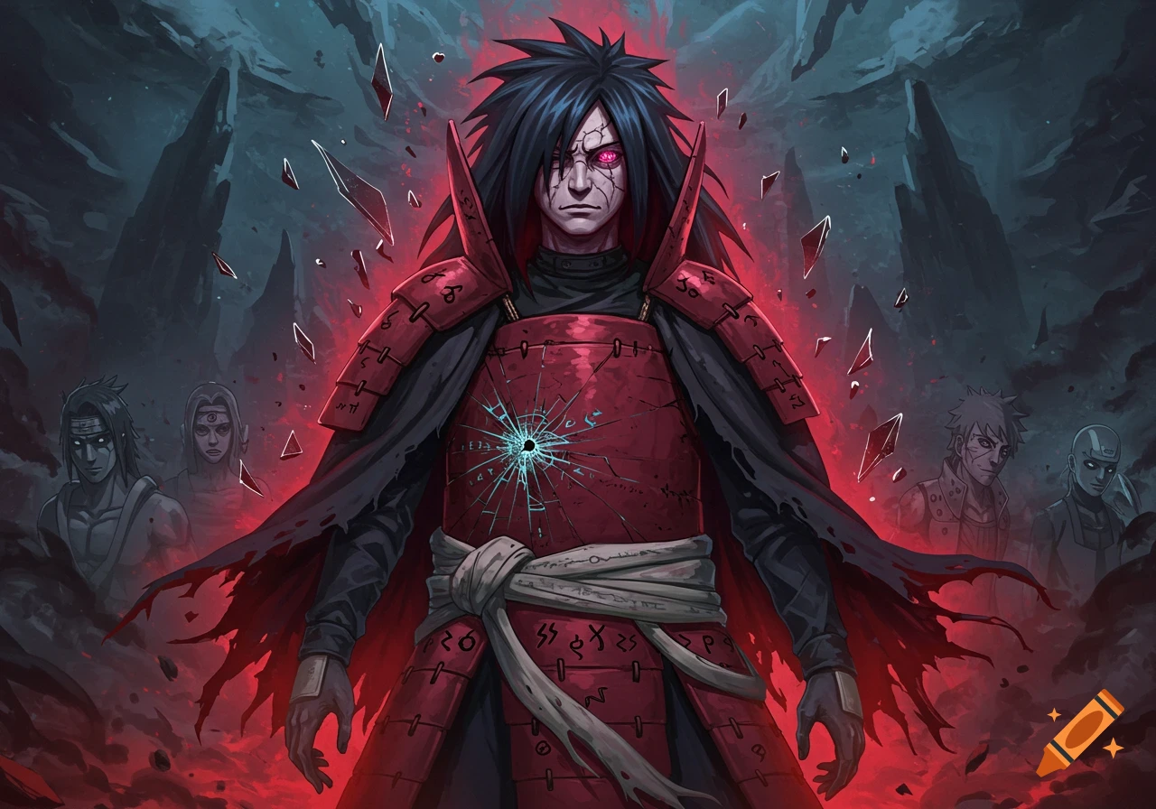 An anime character with spiky black hair, glowing red eyes, and red cracked armor stands in a dark, fiery fantasy world with floating glass shards.