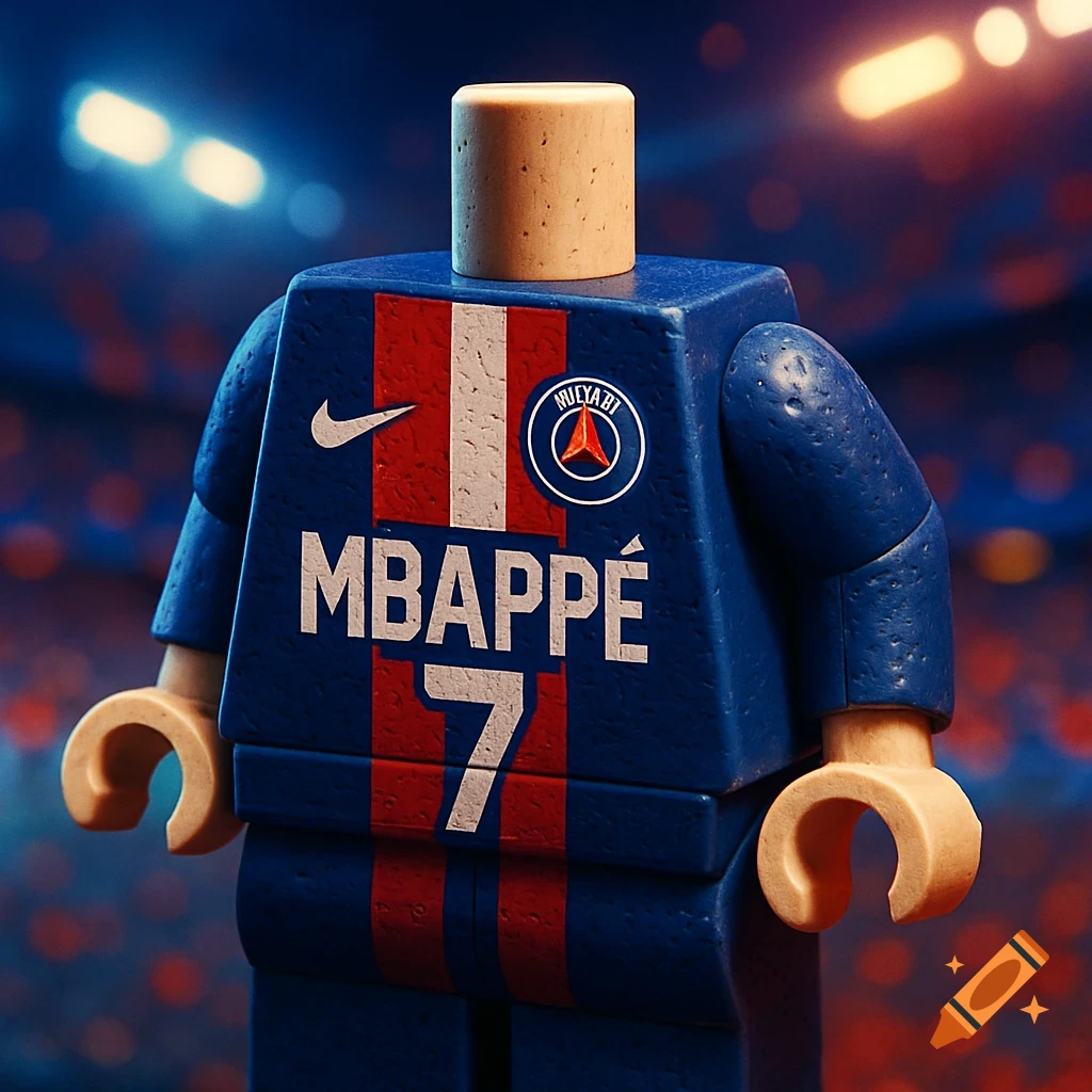 A headless Lego minifigure torso in a blue, red, and white soccer jersey with 'MBAPPÉ 7' on the back, in a stadium.