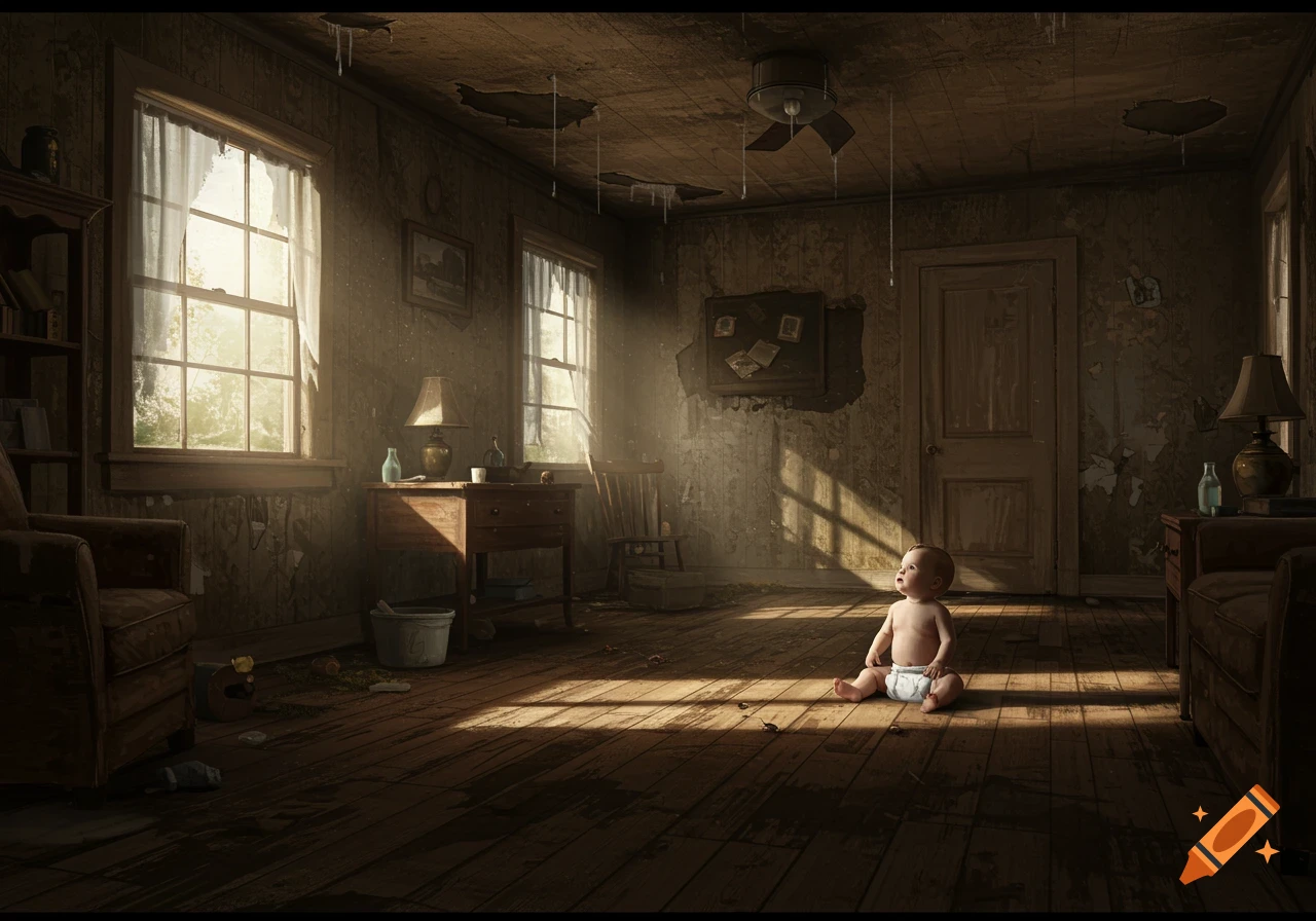 A baby in a diaper sits alone on a dirty wooden floor in a dilapidated, sunlit room with peeling wallpaper and leaky ceilings.