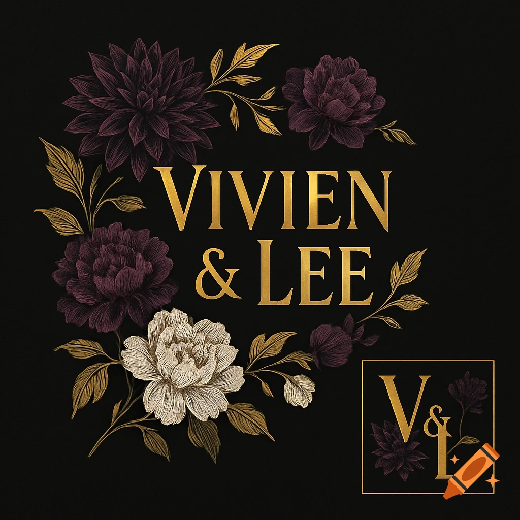 Elegant gold and dark purple floral wedding logo for 'Vivien & Lee' on a black background, with a smaller 'V & L' monogram.