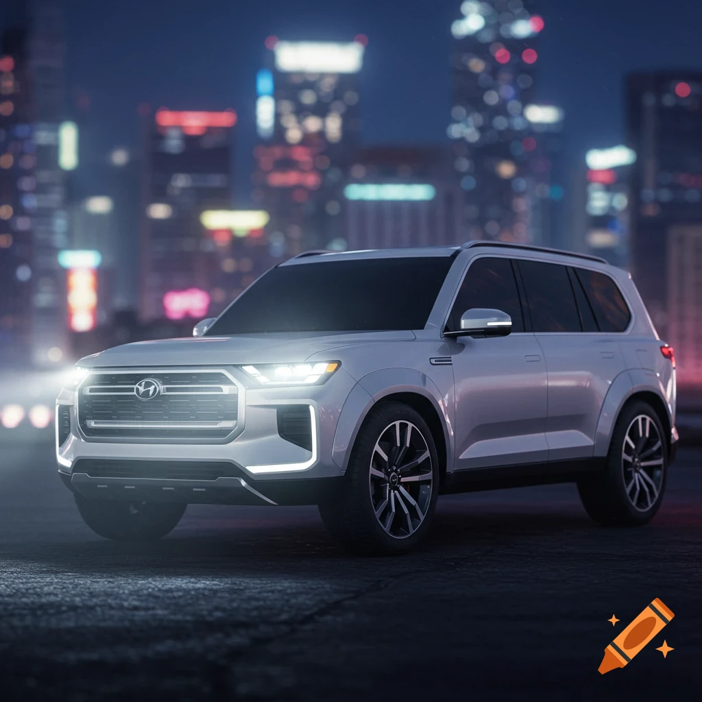 White, boxy SUV with headlights on, parked on a city street at night with blurred buildings.