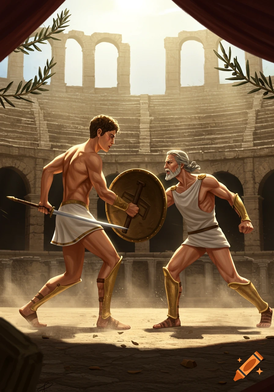 Two muscular Greek warriors, one young and one old, stand with sword and shield in an ancient Roman amphitheater.