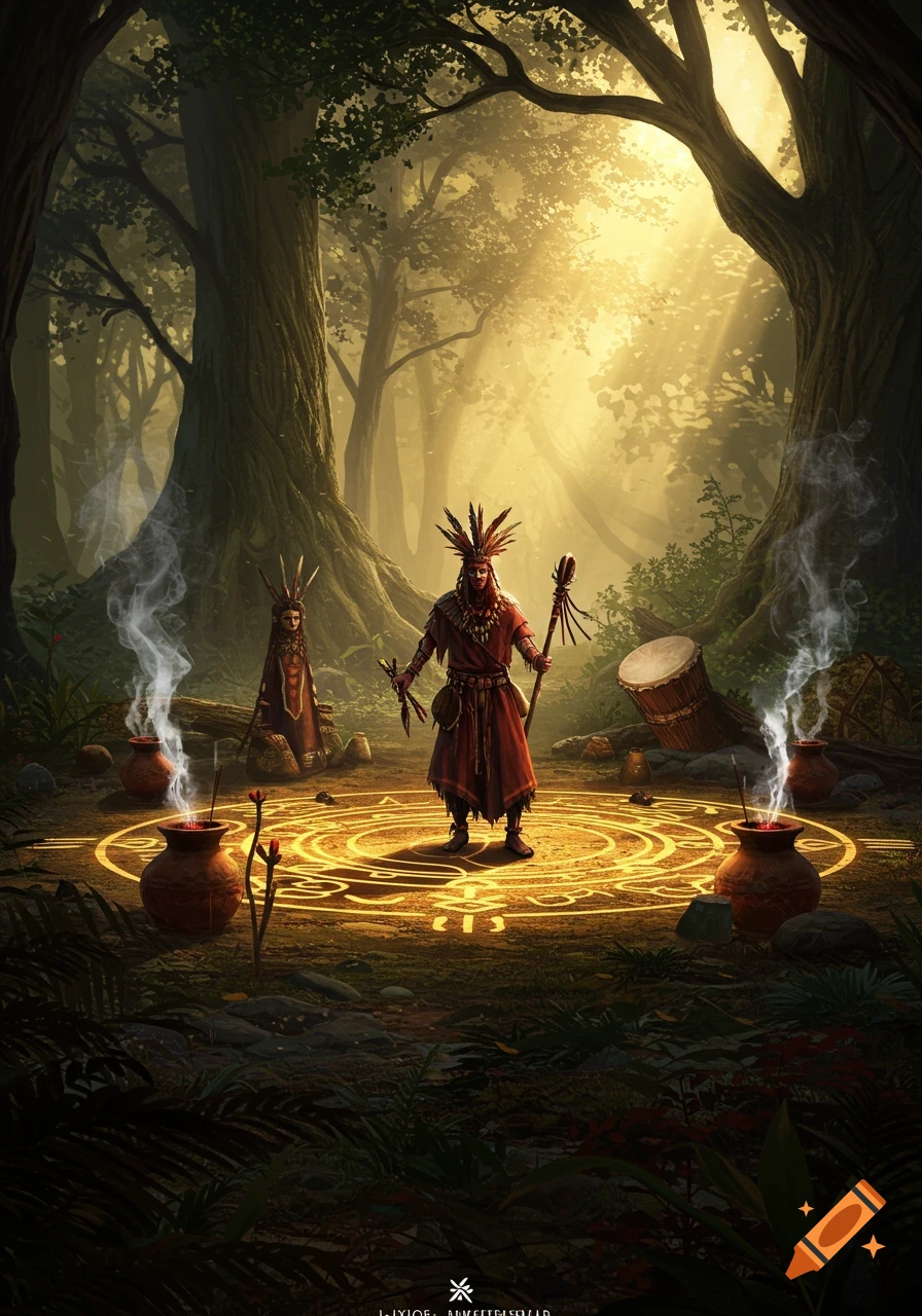 A shaman in tribal attire stands in a glowing magic circle amidst a sunlit forest, with smoking pots and a drum.