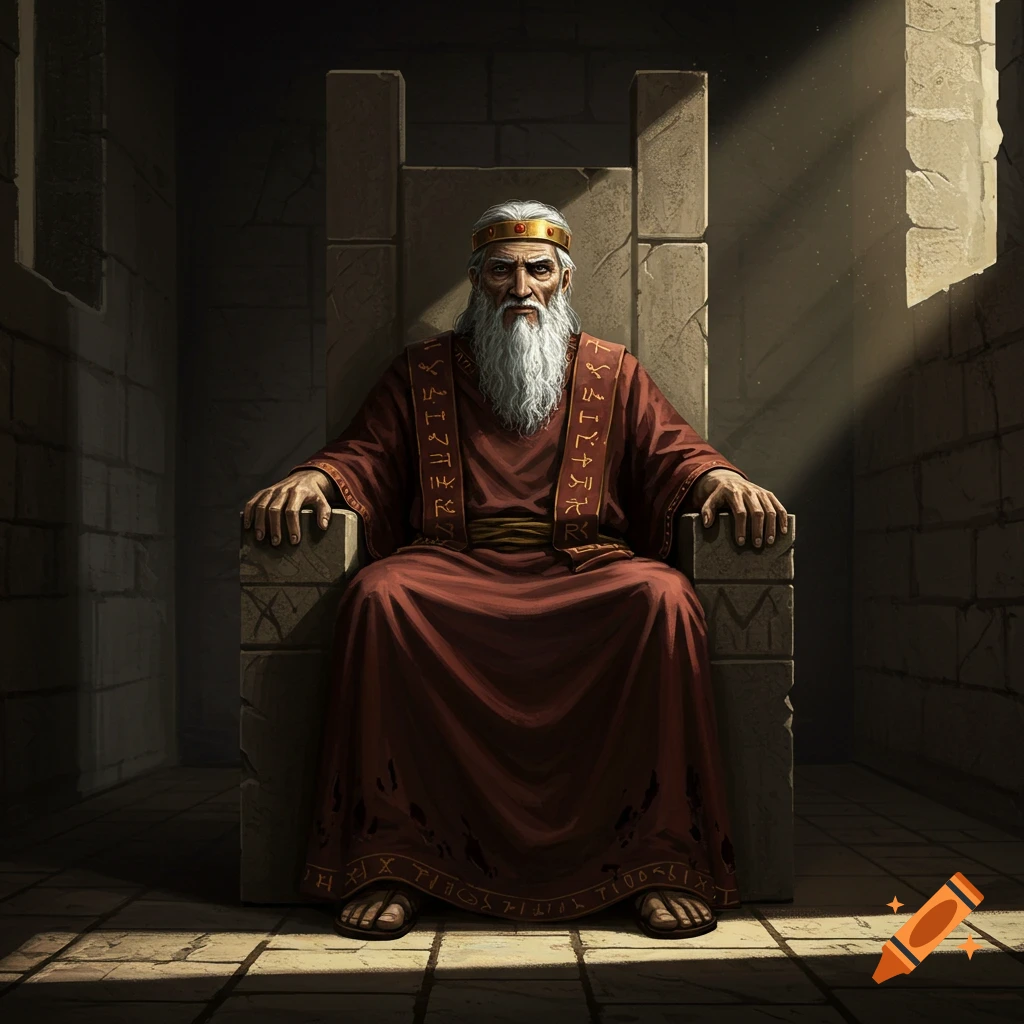An elderly, bearded king with a golden crown and red robes sits on a stone throne in a dimly lit, ancient hall. Photorealistic style.