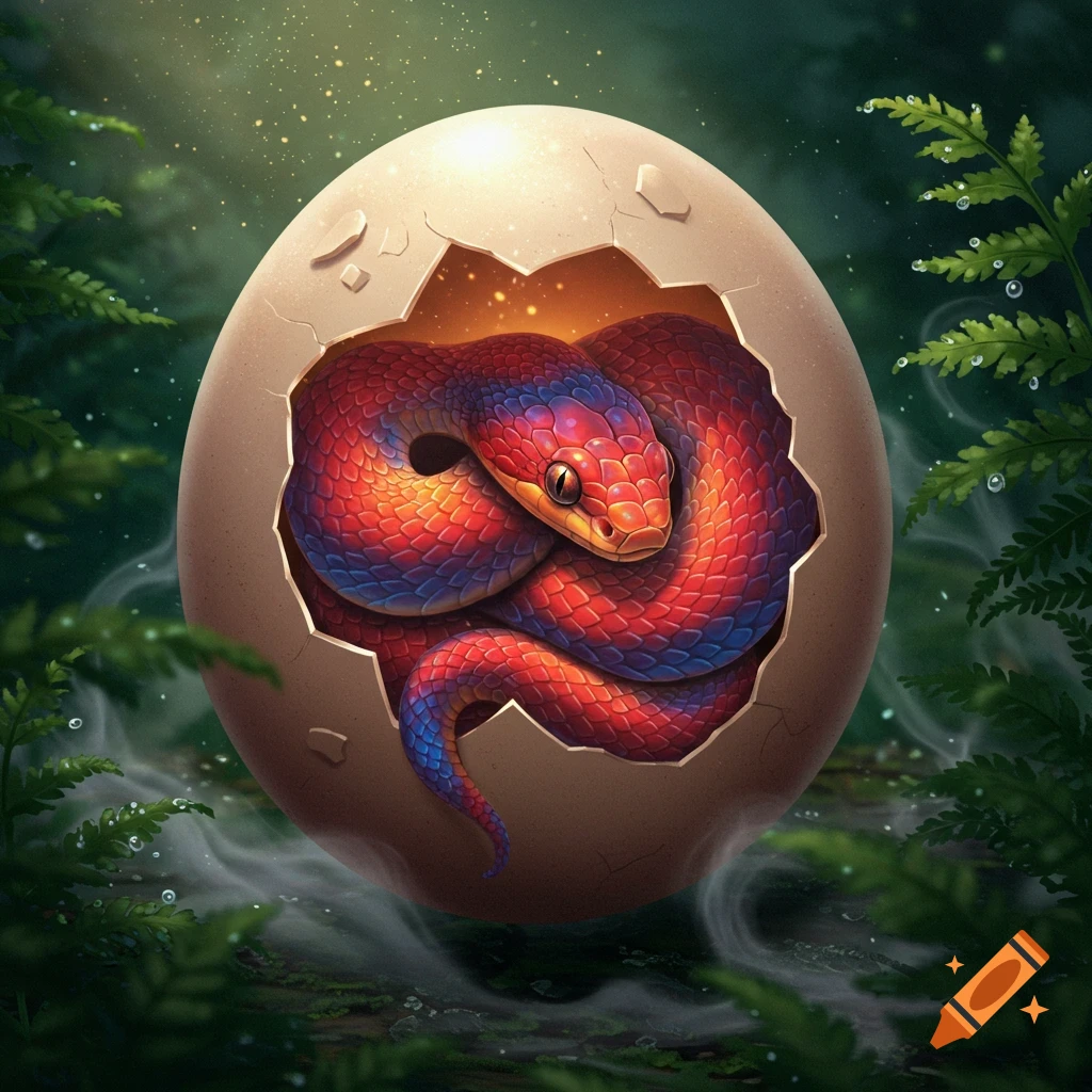 A vibrant rainbow-colored snake with a short tail hatching from a cracked egg, surrounded by green foliage, in a fantasy art style.