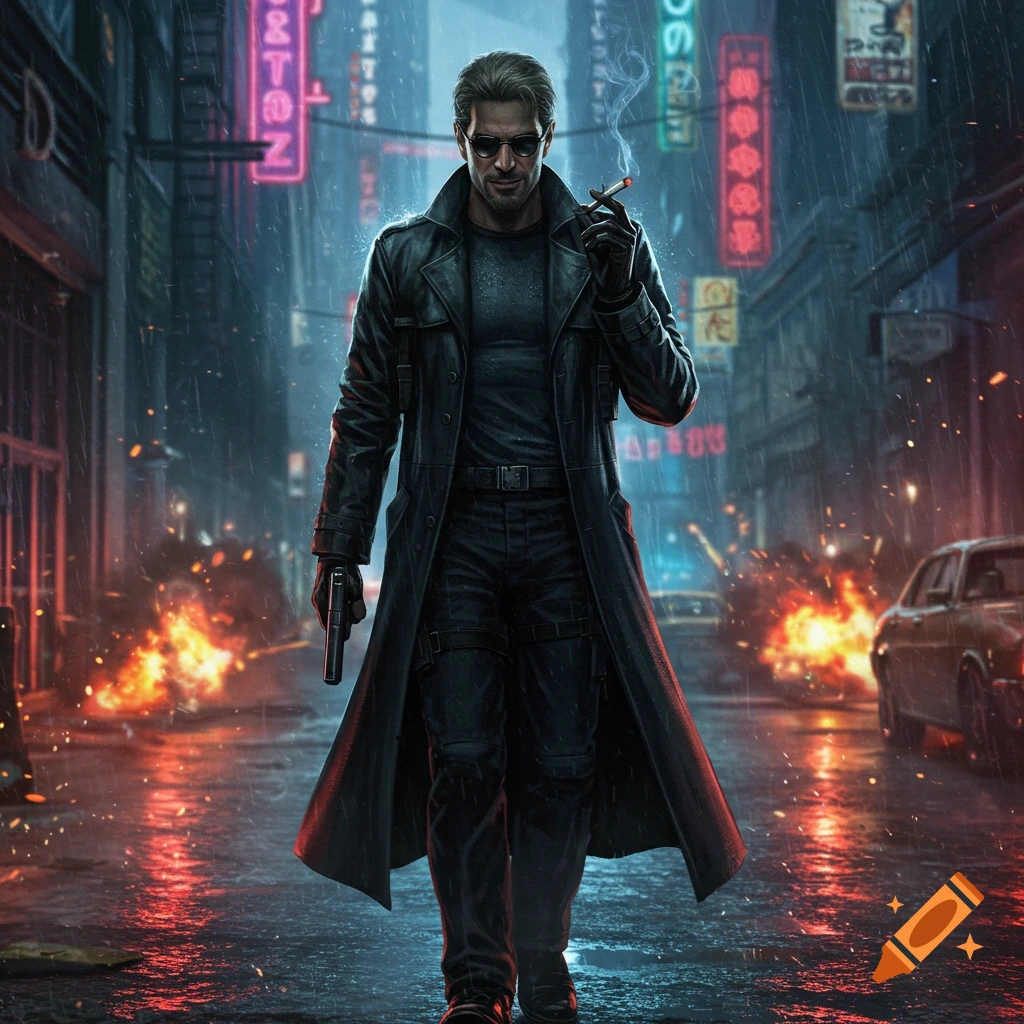 A man in a black trench coat and sunglasses walks down a rainy, neon-lit cyberpunk city street, holding a gun and smoking, with explosions in the background. Photorealistic art style.