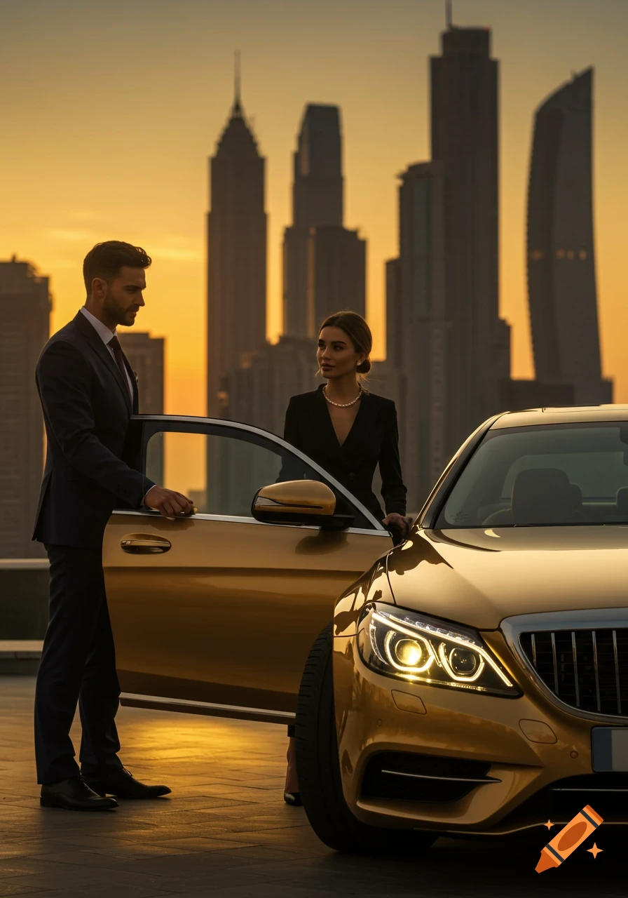 A man opens a golden luxury car door for a woman, with a city skyline at sunset. Photorealistic.