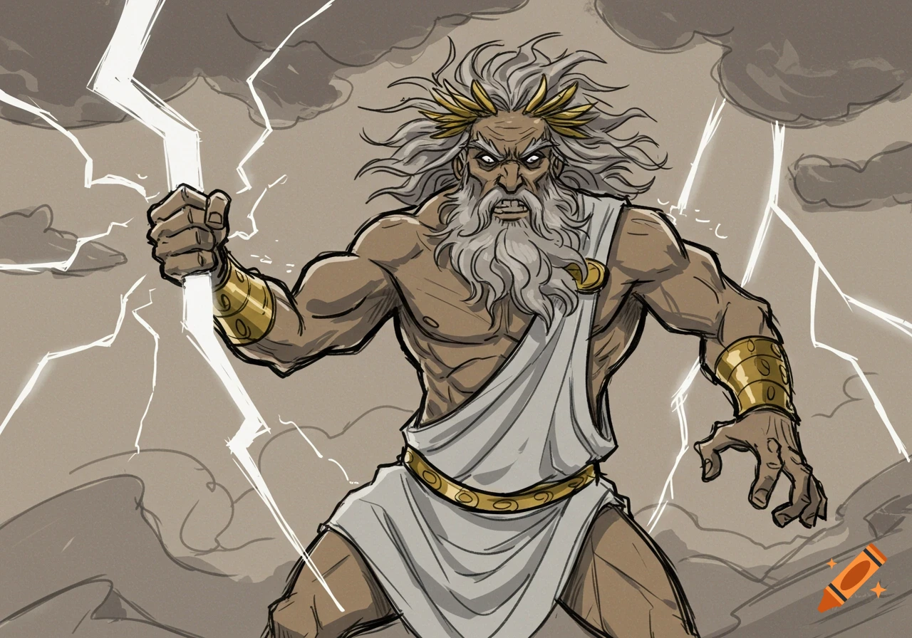 Sketch-style illustration of an angry Zeus with wild hair and beard, holding a jagged lightning bolt against a stormy sky.
