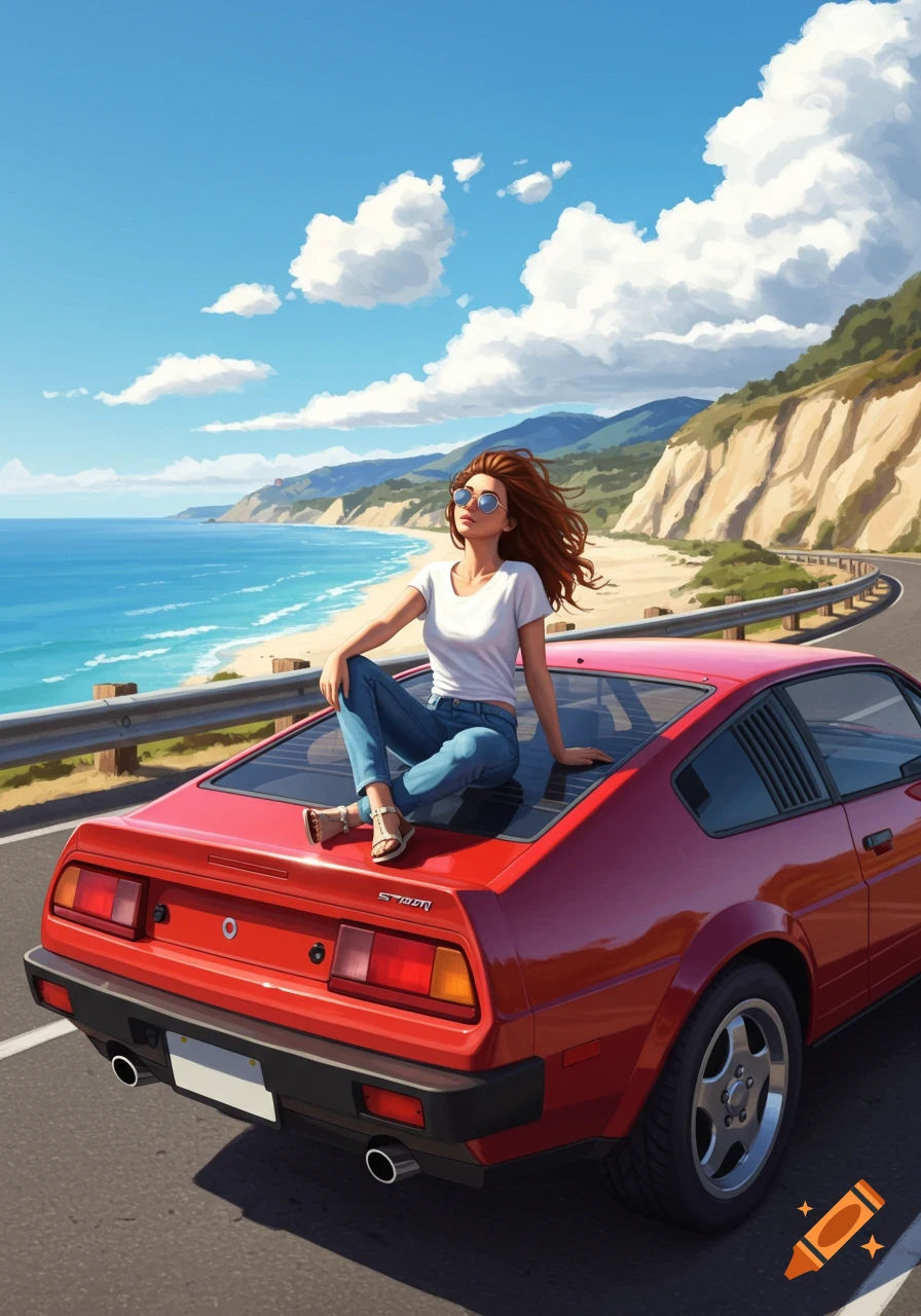 A woman in a white t-shirt and jeans sits on the back of a red sports car on a coastal road overlooking the ocean under a blue sky, digital art.