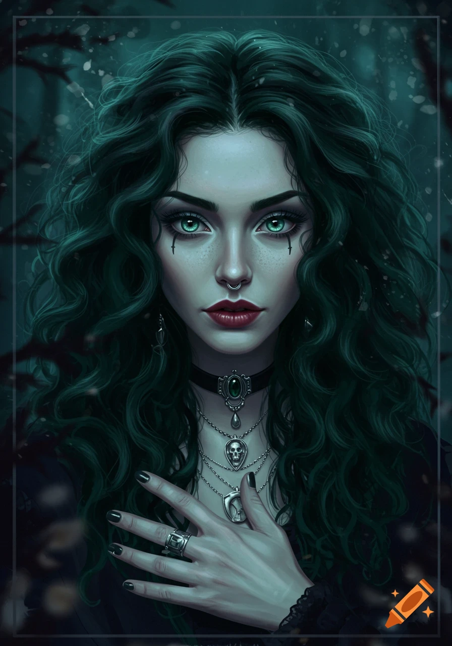 A digital painting portrait of a whimsigoth woman with dark green curly hair, piercing silver-green eyes, and silver gothic jewelry.
