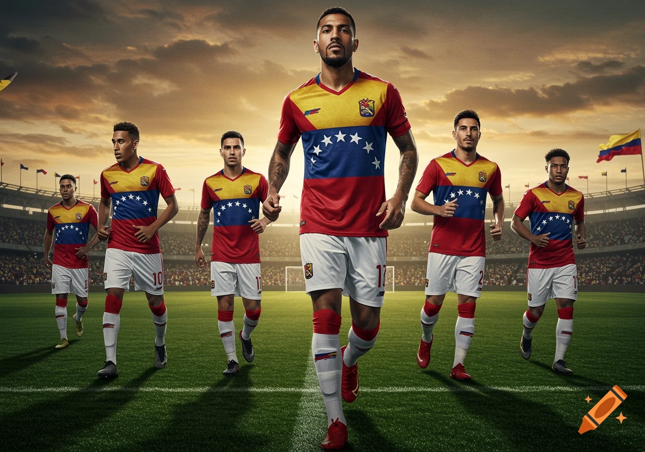 A team of male soccer players in red, blue, and yellow Venezuelan flag-themed uniforms stand on a green field in a stadium at sunset.
