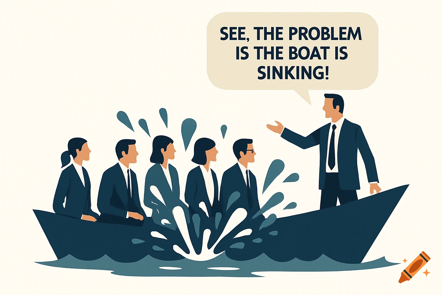Illustration of business people in a sinking boat, with one man pointing and saying 'See, the problem is the boat is sinking!'