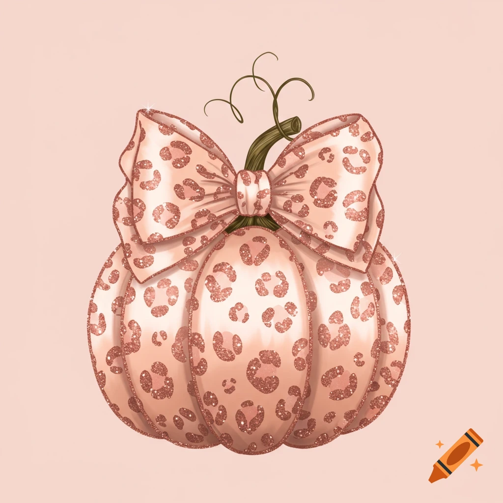 Clip art of a glamorous pumpkin with peach and rose-gold leopard print, glitter outline, and a matching bow on a pastel pink background.