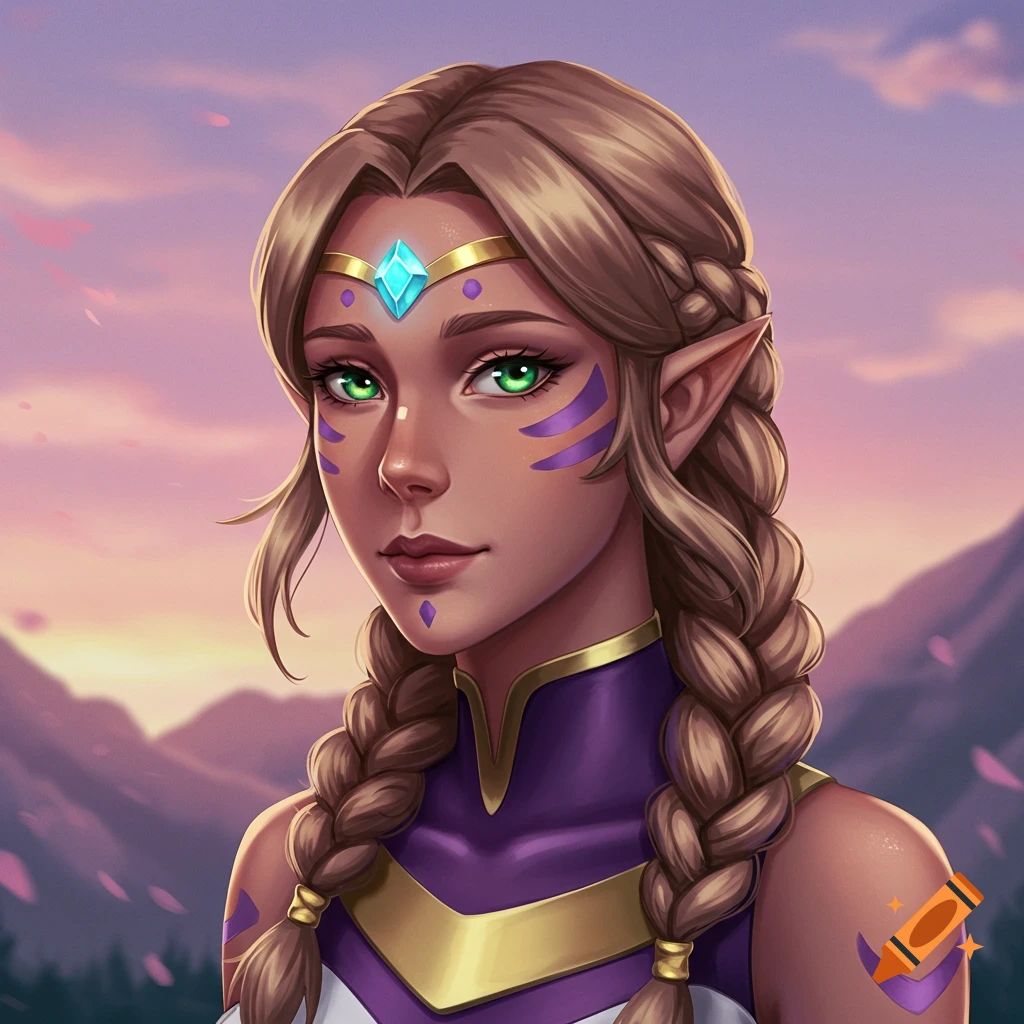 Portrait of a female elf-like fantasy character with braided brown hair, green eyes, purple face markings, and a blue circlet against a sunset mountain backdrop.